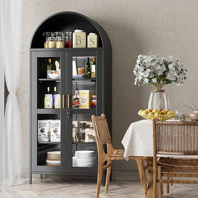 78.74" H Metal Arched Cabinet with Lock and LED Light Strip, Metal Display Cabinet with Glass Doors and Adjustable Shelves,Suitable for Dining Room, Home, Assembly Required,Black
