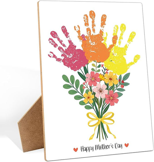 Mother's Day Flower Handprint Art Wooden Making Sign, Mothers Day Crafts Gifts for Mom Grandma Grandmother First Time Mom, Baby Handprint Keepsake for Family Activities, 9x12 Inch