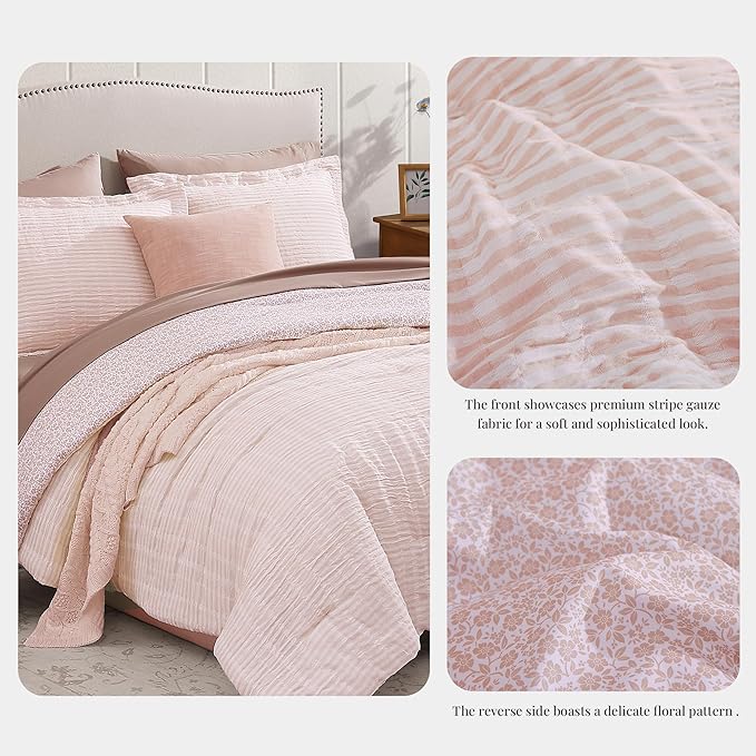 Full Comforter Set - 7 Pieces Pink Gauze Muslin Bedding Sets for All Seasons, Lightweight Breathable Bed in a Bag Full with Revesible Farmhouse Comforter, Sheets, Pillowcases & Sham