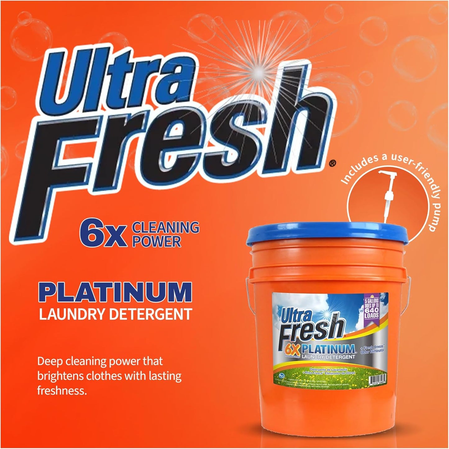 Ultra Fresh 5 Gallon Liquid Laundry Detergent Washing Soap for All Machine Types, 6X Platinum, Up to 640 Loads, Fresh Breeze