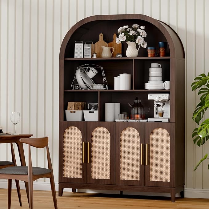 71" Tall Wide Arched Storage Cabinet, 5-Tier Rattan-Door Bookcase with Divider Shelf & Gold Pull Handles, Wood Versatile Pantry Organizer for Living Room/Kitchen/Office, Walnut