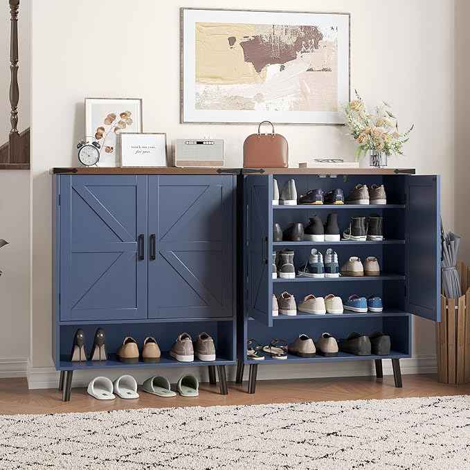 Vabches Farmhouse Shoe Storage Cabinet with Doors, 5 Tier Small Shoe Cabinet with Adjustable Shelves and Metal Legs, 34" Tall Shoe Rack Organizer for Entryway, Foyer, Navy Blue