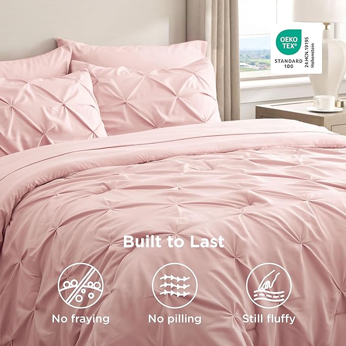 Bedsure California King Comforter Set Pink - Bed in a Bag Cal King Bedding Set 7 Pieces, GentleSoft™ Pintuck Bed Set Gift for Family, Pinch Pleat Pink Comforter with Sheets, Pillowcases & Shams