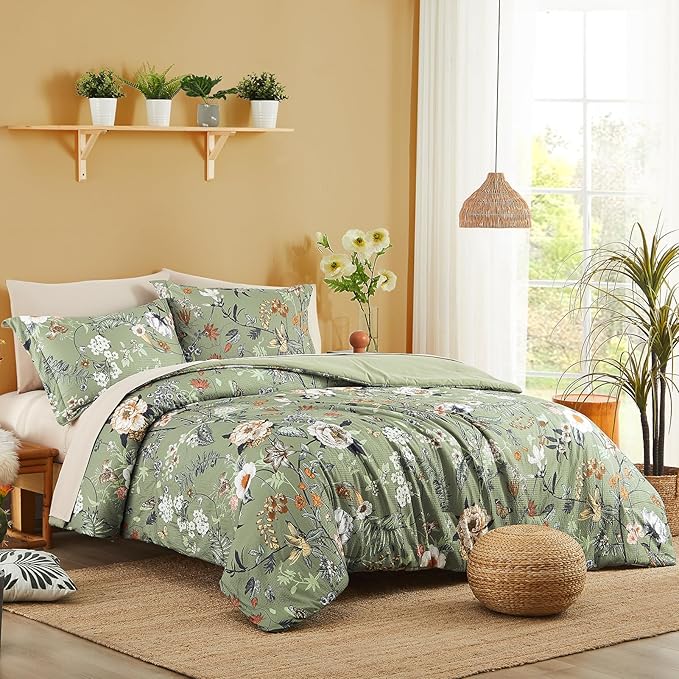 CASAAGUSTO King Size Comforter Set - 7 Pieces Green Floral Bedding Sets, King Bed in a Bag with Botanical Butterfly Comforter, Sheets, Pillowcases & Shams for All Seasons