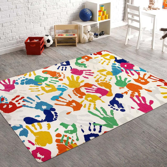 STARUIA Handprints and Footprints Kids Rug Play Carpet, 4'x6' Washable Colorful Area Rug for Nursery Room, Ultra Soft Non-Slip Indoor Play Mat for Bedroom Playroom Classroom