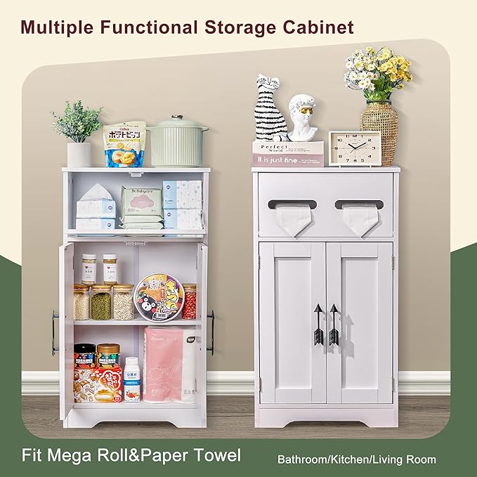 Mega Roll Toilet Paper Holder Cabinet, VECELO Stand Bathroom Storage Organizer of Rolls & Paper Towel, Waterproof, Large Capacity Reserve Area, Trapdoor Lid