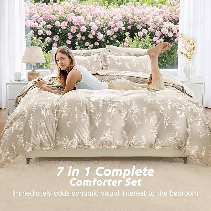MUXHOMO Beige Bed in a Bag Queen 7 Pieces, Queen Comforter Set Reversible Botanical Flowers Design, Ultra Soft & Breathable Bedding Sets with Comforter, Sheets, Pillowcases & Shams