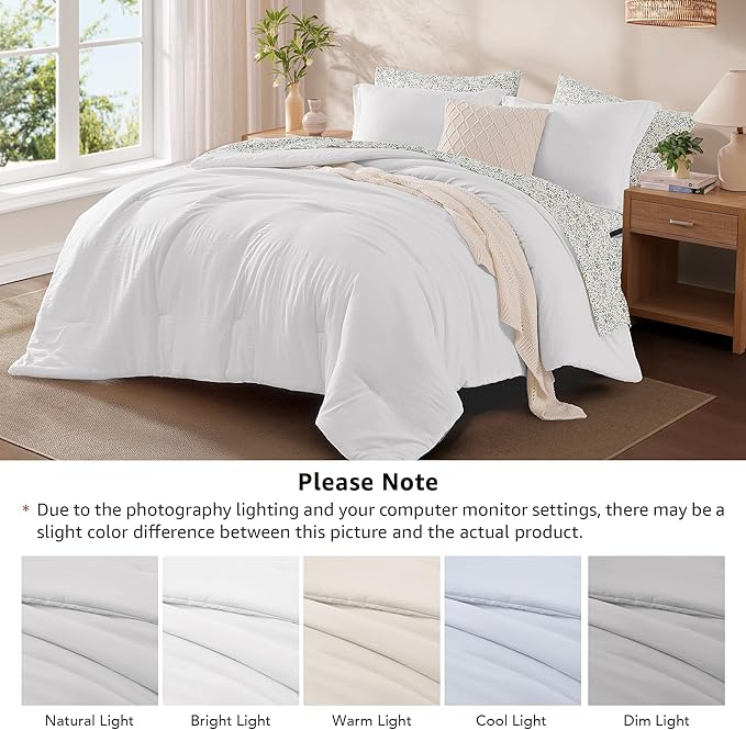 Monbix Queen Comforter Set - 7 Pieces White Prewashed Bed in a Bag Queen Bedding Sets with Comforters, All Seasons Ultra Soft Comforter Bed Set with Sheets, Pillowcases & Shams