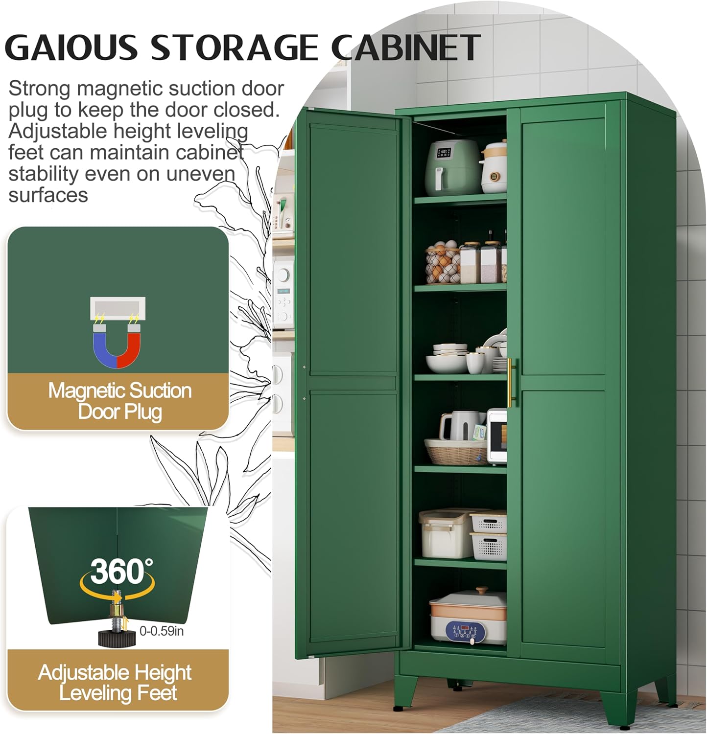 75.2" Tall Kitchen Food Pantry, Pantry Cabinet with 2 Door and 5 Adjustable Shelves, Green Laundry Room Cabinets, Freestanding Pantry for Kitchen, Study Room, Dining Room and Entryway - Décor Diaries