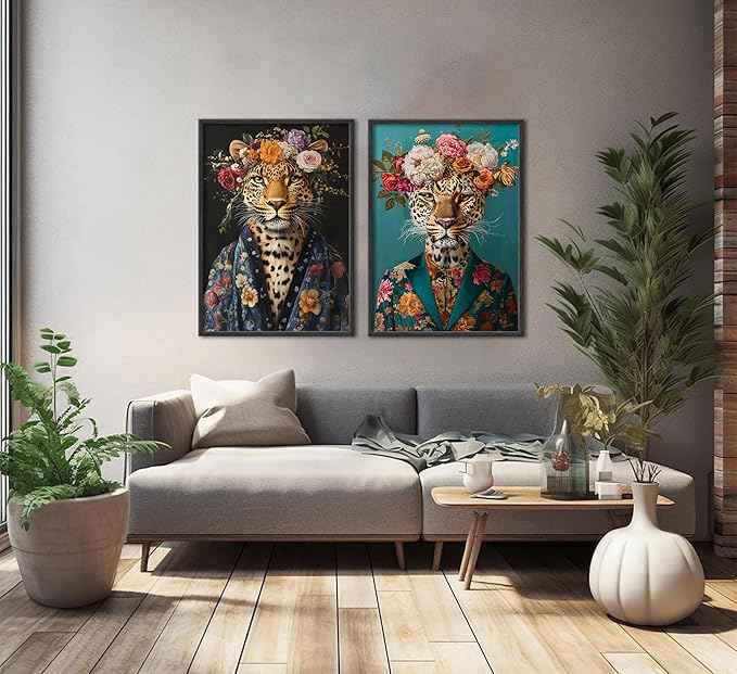 Bathroom Leopard In a Bathrobe Wall Art Maximalist Eclectic Cheetah Posters Pictures Animals And Flowers Canvas Prints Funky Animals Painting Wall Decor y2k Aesthetic Room Decoration Unframed