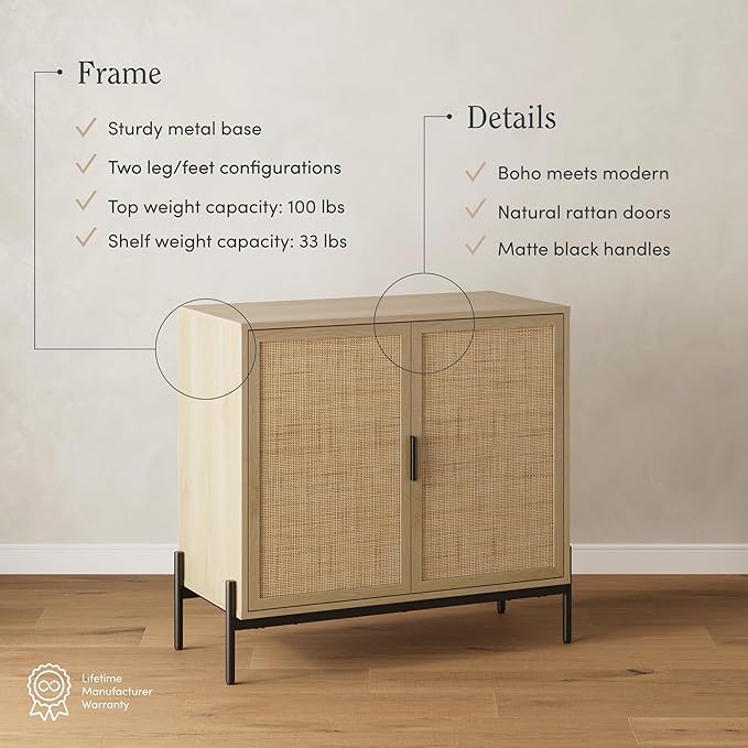 Nathan James Andrew Bohemian TV Stand or Kitchen Sideboard Credenza, Rattan Accent Cabinet with Metal Legs, Light Oak/Matte Black, Set of 2