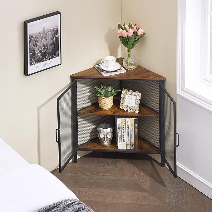 VECELO Corner Cabinet with Two Doors and Shelves, Free-Standing Storage Organizer for Small Space in Living Room/Bedroom/Kitchen, Brown and Black