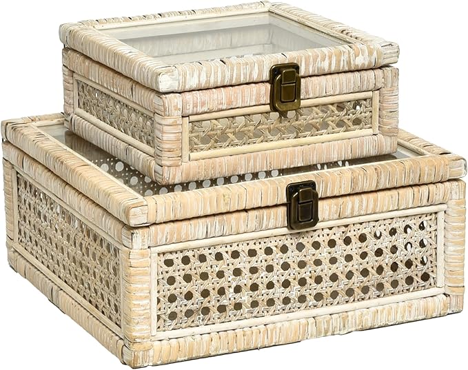 Rattan and Cane Square Stacking Boxes with Glass Top Lid - Set of 2 for Boho, and Rustic Farmhouse Décor, White Wash
