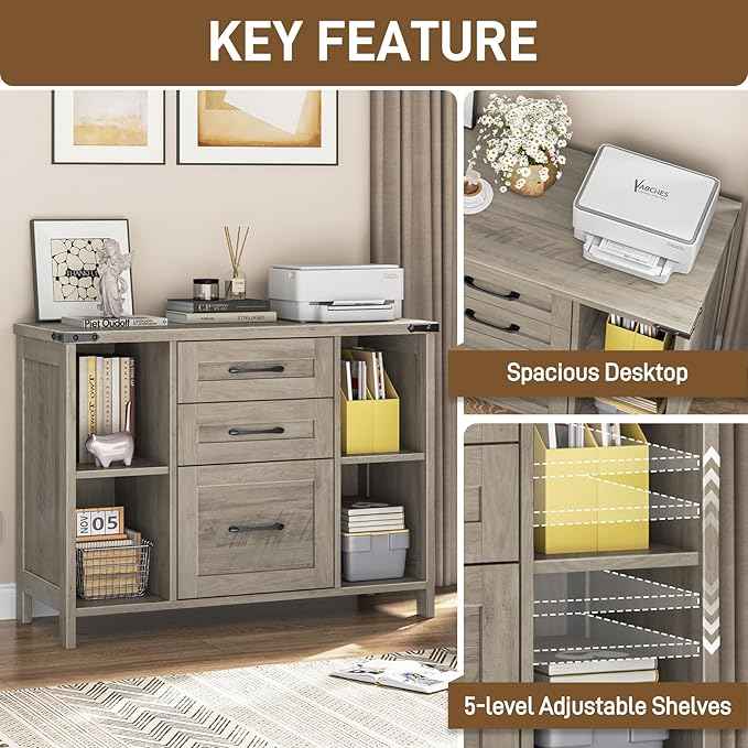 Vabches File Cabinet with 3 Drawers, Farmhouse Lateral File Cabinet Fits Files Letter/A4 Size, Wooden Filing Cabinet with Adjustable Shelves Printer Stand for Home Office, Grey