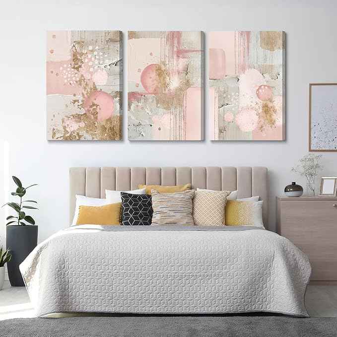 3Pcs Framed Pink and Gold Canvas Wall Art Abstract Posters Print Geometric Pictures Decor for Living Room Bedroom Bathroom Home Decoration