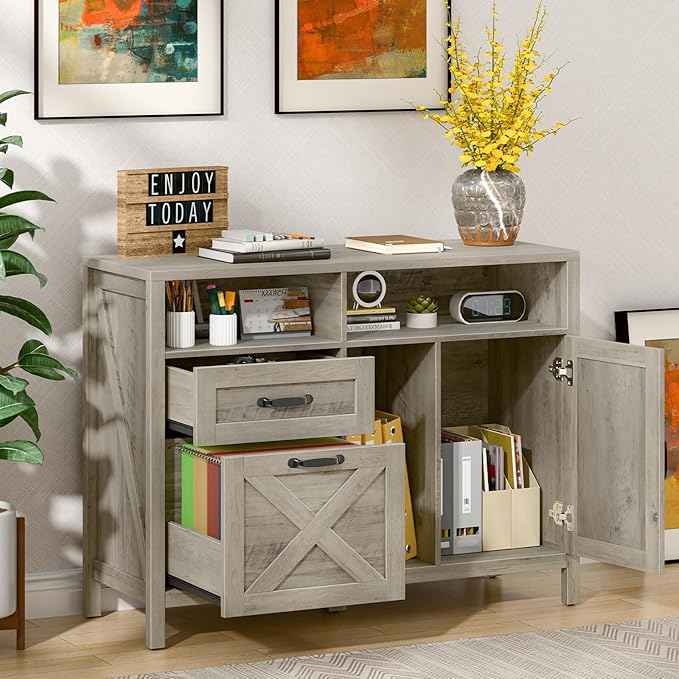 Vabches Lateral File Cabinet, Farmhouse 2 Drawer File Cabinet with Open Storage Shelf for Letter/Legal/A4 Size Hanging Files, Large Wood Storage Cabinets Printer Stand for Home Office, Rustic Grey