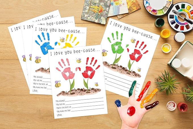 I Love You Bee-cause Handprint Keepsake Card Making Kit, 10 Funny Personalized Mothers Day Cards Bulk for Mom from Daughter or Son, Mothers Day Birthday Family Gifts for New Parents, Gifts for Grandma