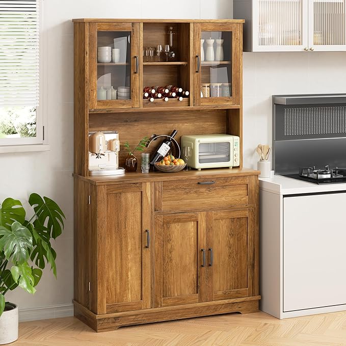 Shintenchi Kitchen Pantry Storage Cabinet, Freestanding Buffet Cabinet with Microwave Stand & 4 Door Shelves, Kitchen Hutch with Doors, Adjustable Shelves and Wine Rack, Brown