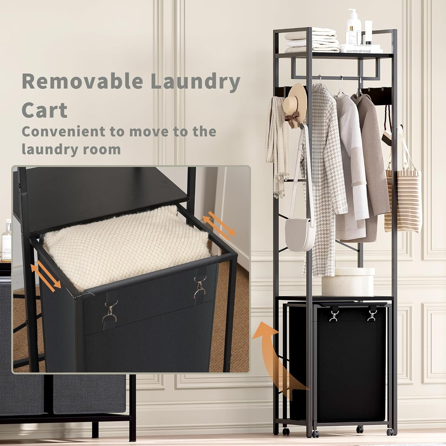 Coat Rack with Laundry Basket, Laundry Hamper Freestanding Hall Tree, Clothes Rack with Storage Shelves, 14.5 Gal Removable Bags on Wheels, Black JLH005B