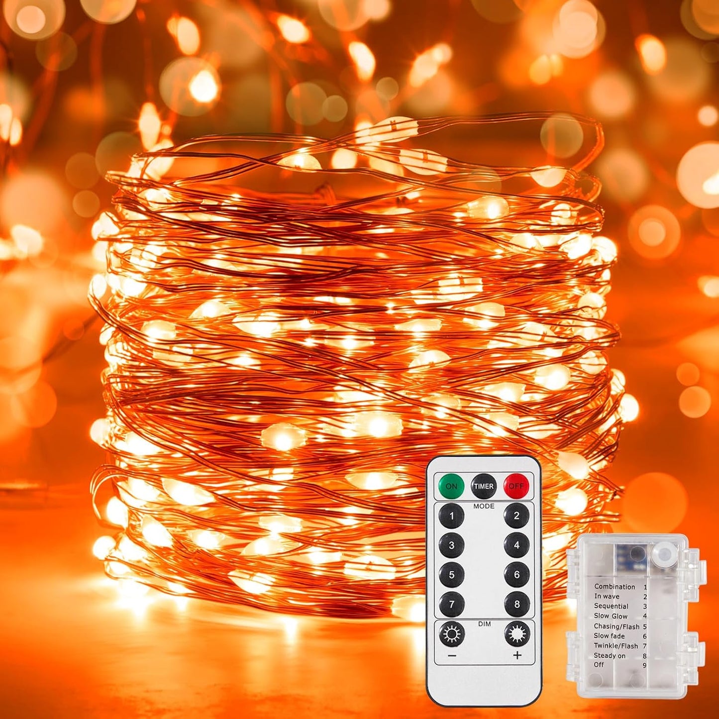 1 Pack 32.8 Ft. Battery Operated Outdoor String Lights with Remote & Timer, LED Orange Fairy Lights, Waterproof Twinkle Lights for Bedroom, Dorm, Mason Jar, Wedding, Party, Christmas