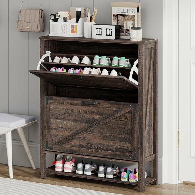 Vabches Shoe Storage Cabinet, 5-Tier Farmhouse Freestanding Organizer with 2 Flip Drawers, Wooden Shoes Rack Cabinets Storage Organizer with Doors for Entryway, Hallway, Closet, Dark Oak