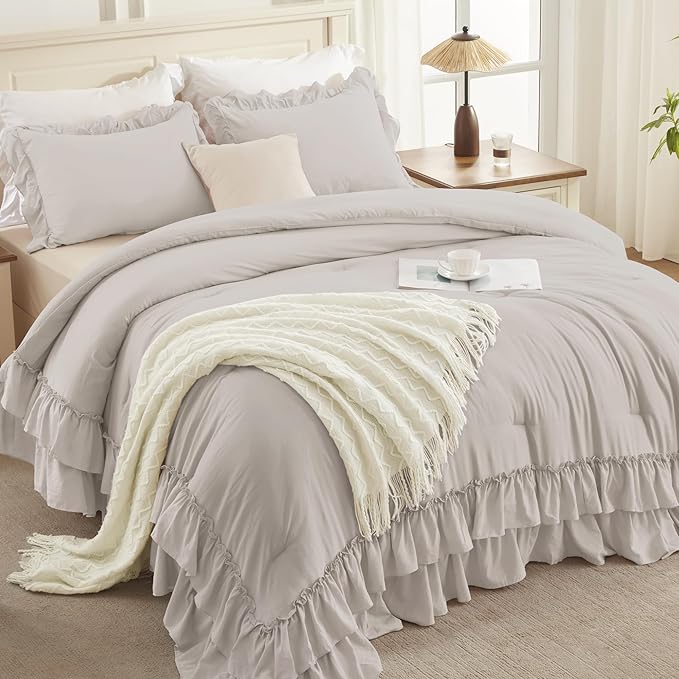 Andency Linen Queen Comforter Set (90x90Inch), 3 Pieces Lightweight Fluffy Ruffle Bedding Sets for Queen Bed, Farmhouse Shabby Chic Soft All Season Bed Set
