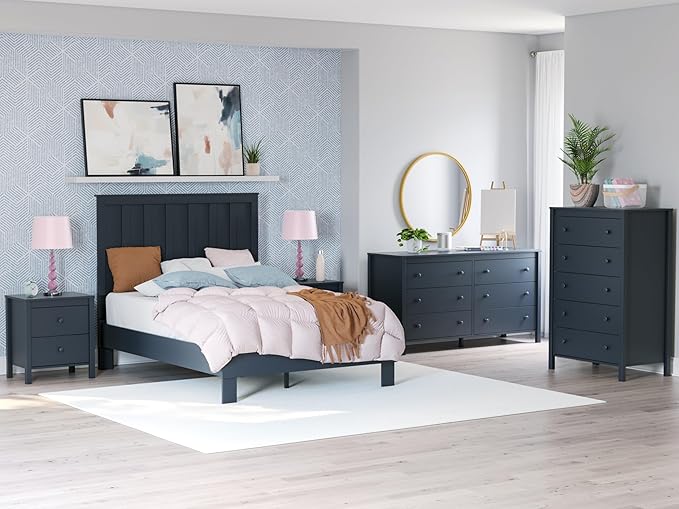 Signature Design by Ashley Simmenfort Casual Full Platform Bed, Matte Finish, Shaker Style, Navy Blue, Shiplap-Style Headboard, Coastal, Adjustable Height, Foundation or Box Spring Not Needed, Blue