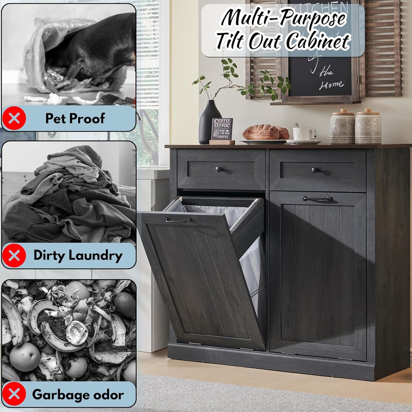 Double Tilt Out Laundry Hamper Cabinet, 20 Gallon Farmhouse Trash Can Cabinet with Drawer, Hidden Wood Garbage Can Bin Cabinet with Laundry Storage Basket for Bathroom, Kitchen, Dark Grey