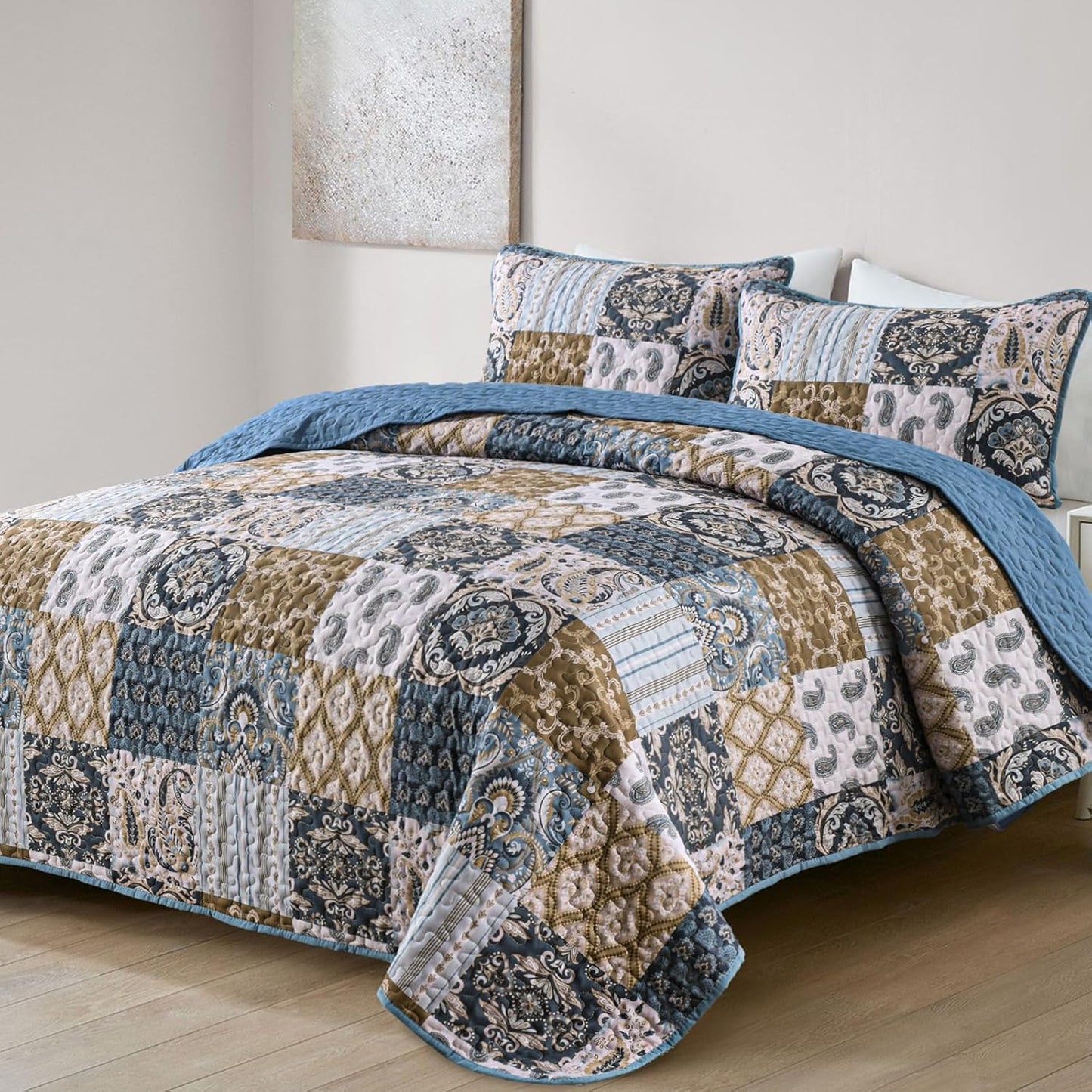 WONGS BEDDING Boho Quilt Set King Size, Blue Patchwork Plaid Bedspread Bedding Sets Paisley Soft Microfiber Quilts for King Bed 3 Pieces Coverlet Set for All Season (104"x90")
