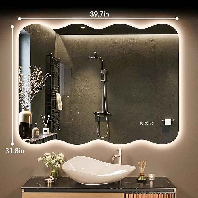Hasipu Wavy Full Length Mirror with Lights - 40"×32" LED Wavy Floor Mirror, Frameless, Dimmable, Standing or Vertical/Horizontal Wall-Mounted Mirror for Bedroom, Living Room, Cloakroom