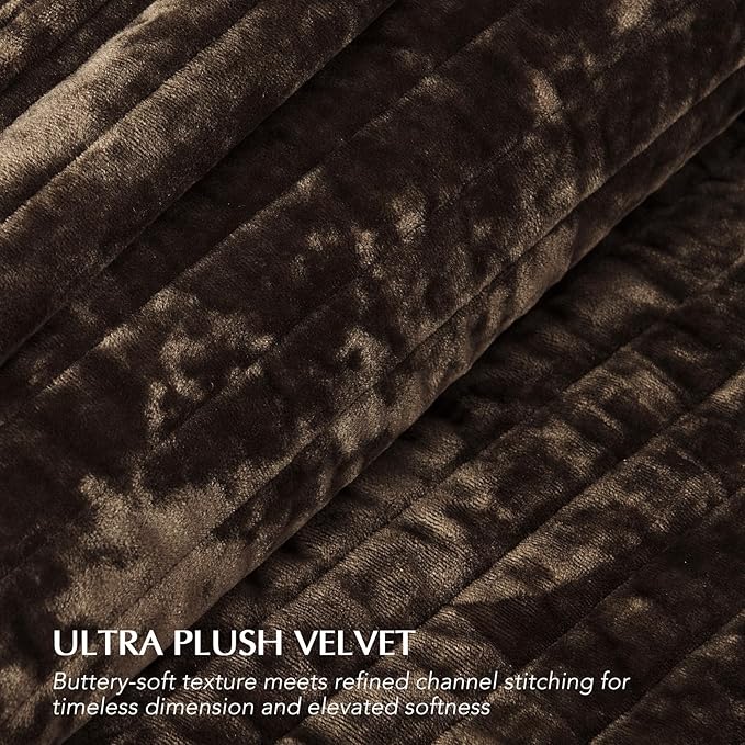 EVERGRACE Velvet Quilt Set King Size, Luxurious Soft Striped Channel Bedding Set, Lightweight Velvet Comforter for All Season, Oversized Bedspread Coverlet with 2 Matching Shams, Walnut Brown