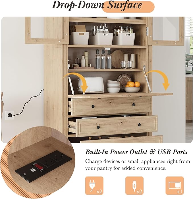 Merax 78 Inch Extra-Tall Freestanding Kitchen Pantry Storage Cabinet, Multifunctional Cupboard with 3 Drawers, Adjustable Shelves & Power Outlet Drop-Down Surface for Dining and Living Room, Natural
