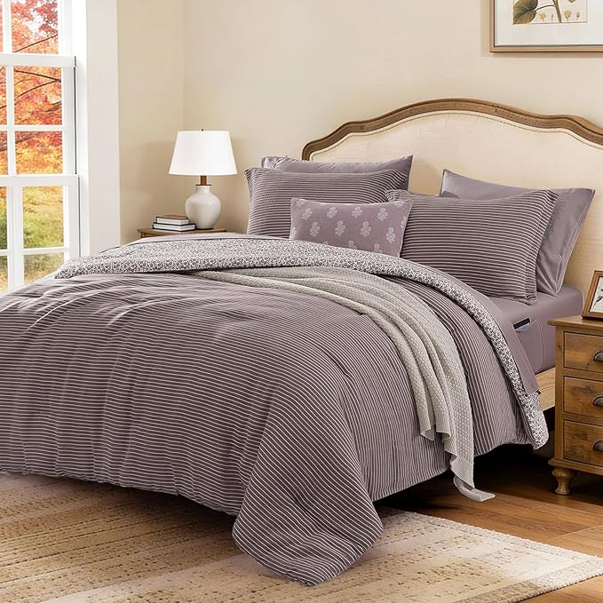 Queen Comforter Set - 7 Pieces Deep Purple Gauze Muslin Bedding Sets for All Seasons, Lightweight Breathable Bed in a Bag Queen with Revesible Farmhouse Comforter, Sheets, Pillowcases & Shams