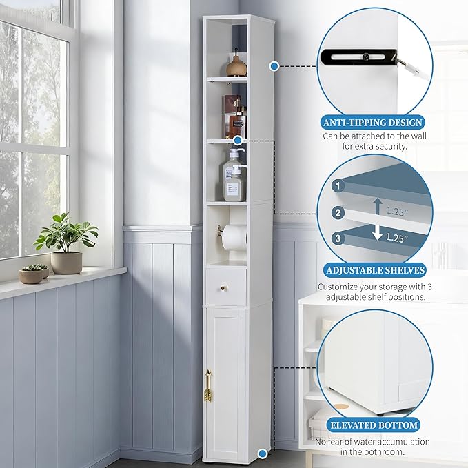 VECELO Narrow Bathroom Storage Cabinet, 67" Tall Cabinet Organizer with Toilet Paper Holder, Anti-Tip Device, 3 Adjustable Shelves, Drawer & Magnetic Door for Small Spaces, White