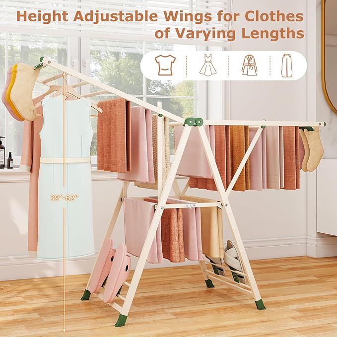 Giantex Clothes Drying Rack, Foldable Metal Laundry Drying Rack with Height Adjustable Wings, 16 Drying Rails, Sock Clips & Shoe Racks, Freestanding Clothing Stand for Indoor & Outdoor, Beige