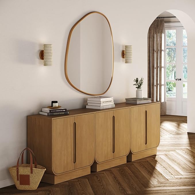Nathan James Joey Mid Century Modern Storage Cabinet, Arched Accent Cabinet with Rounded Bottom Edges and Integrated Door Pull Cutouts, Light Brown Set of 3