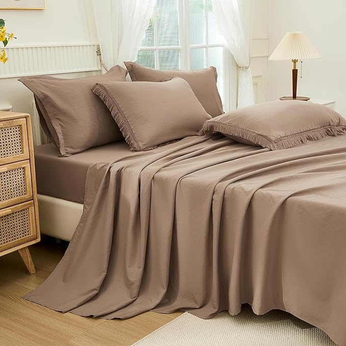 Andency Taupe Queen Size Comforter Set with Sheets - 7 Pieces Boho Tassel Bed in a Bag Soft Lightweight Bedding Sets, Taupe Fringe Bed Set with Comforter, Sheets, Pillowcases & Shams