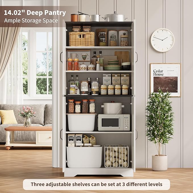 IDEALHOUSE 70" Kitchen Pantry Storage Cabinet, Farmhouse Kitchen Cabinet with 4 Doors & 3 Adjustable Shelves, Freestanding Cupboard for Dining Room,Living Room,White