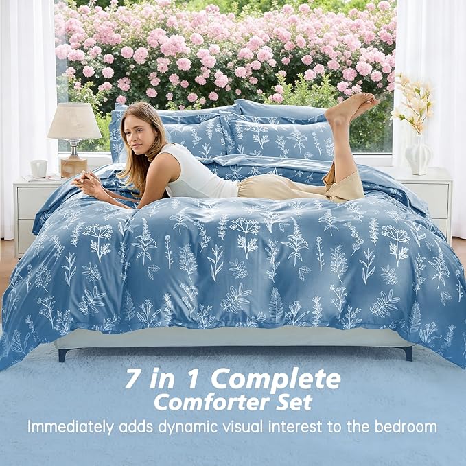 MUXHOMO Ice Blue Bed in a Bag Queen 7 Pieces, Queen Comforter Set Reversible Botanical Flowers Design, Ultra Soft & Breathable Bedding Sets with Comforter, Sheets, Pillowcases & Shams