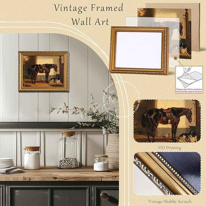 uniro Vintage Gold Framed Wall Art for Home Decor, Farmhouse Wall Decor Horse Canvas Artwork, Antique Animal Farm Poster Equestrian Wall Art for Nursery Wall Decor, Rustic Horse Aesthetic Picture for Bathroom, Living Room, Desktop decor - 12x16Inch