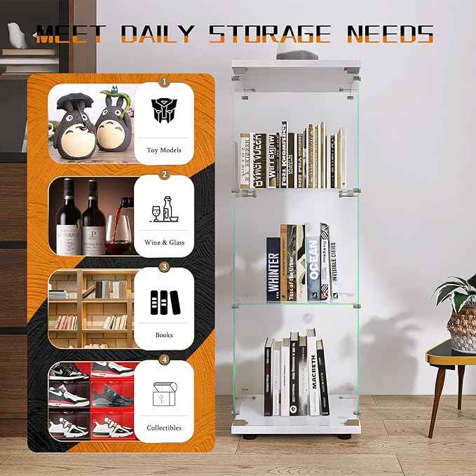 Beauty4U One-Door Glass Display Cabinet, White Curio Cabinets for Living Room, Bedroom, Office, Collection Display, Quick Installation in 30 Mins, 3 Shelves White Floor Standing Glass Bookshelf