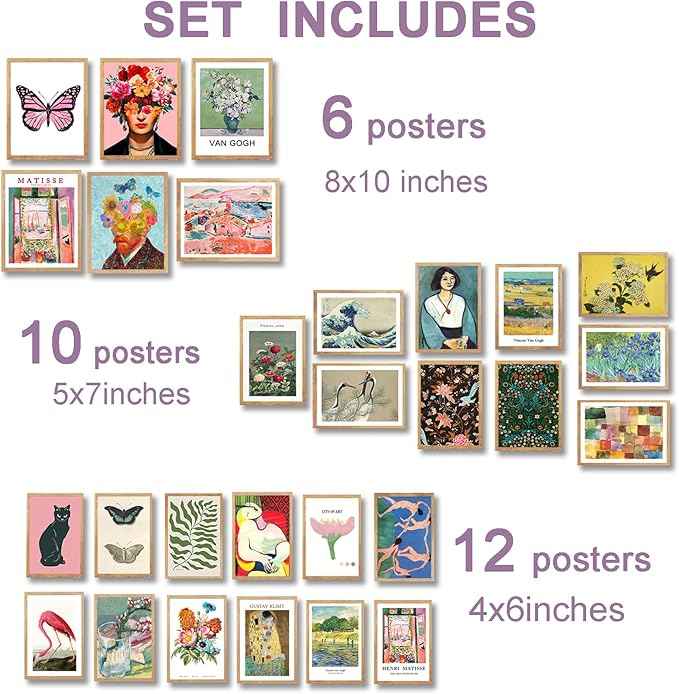 Vintage Eclectic Wall Art, Colorful Bohemian Gallery Wall Art, Retro Maximalist Decor Aesthetic, Funky Eclectic Gallery Wall Art Prints for Bedroom, Famous Artist Painting Pictures (Unframed)