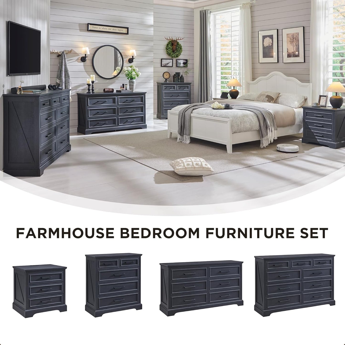 Farmhouse 9 Drawer Dresser for Bedroom, 36 Inch Tall Modern Dresser TV Stand with Large Drawers & Bar Handles, Rustic Wood Chest of Drawers for Bedroom, Living Room, Hallway, Black