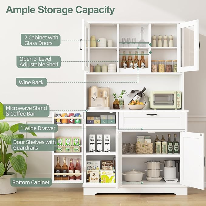 Shintenchi Kitchen Pantry Storage Cabinet, Freestanding Buffet Cabinet with Microwave Stand & 4 Door Shelves, Kitchen Hutch with Doors, Adjustable Shelves and Wine Rack, White