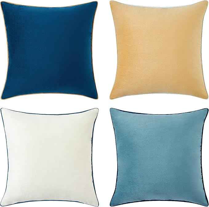 MONDAY MOOSE Decorative Throw Pillow Covers Cushion Cases, Set of 4 Soft Velvet Modern Double-Sided Designs, Mix and Match for Home Decor, Pillow Inserts Not Included (20x20 inch, Blue/Beige)
