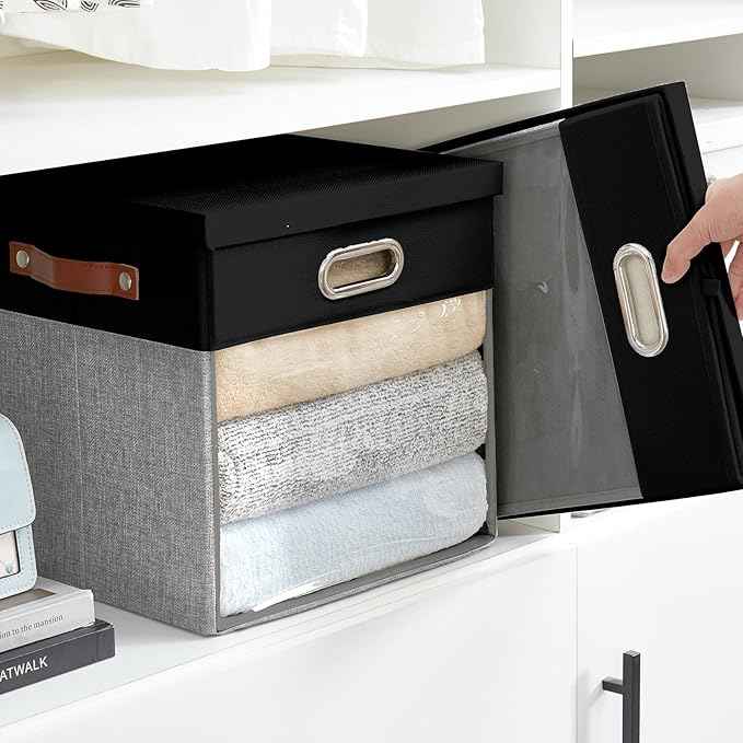 Fabric Storage Cubes with Clear Windows and Lids, 13'' Foldable Storage Bins with 3 Handles, Decorative Storage Boxes for Home, Bedroom, Closet, Office (Black&Gray)
