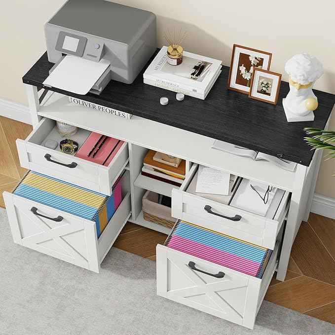 Lateral File Cabinets 4 Drawers with Open Storage Shelf, Farmhouse Filing Cabinet with Adjustable Shelf for Home Office, Filing Organization Storage Cabinets for Hanging Files Letter/A4. Black
