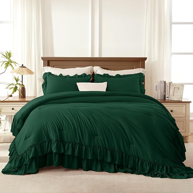 Andency Dark Emerald Green Comforter Set Oversized Queen, Lightweight Fluffy Ruffle Bedding Set 3 Pieces (1 Comforter 2 Pillowcases), Soft Farmhouse Bed Set for All Season