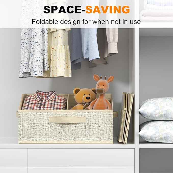 Closet Storage Bins 6 Pack, Large Closet Organizer Baskets with Divider & Handles,Trapezoid Fabric Shelf Organizers, Collapsible Storage Cubes for Clothes, Towels, Toys - Beige