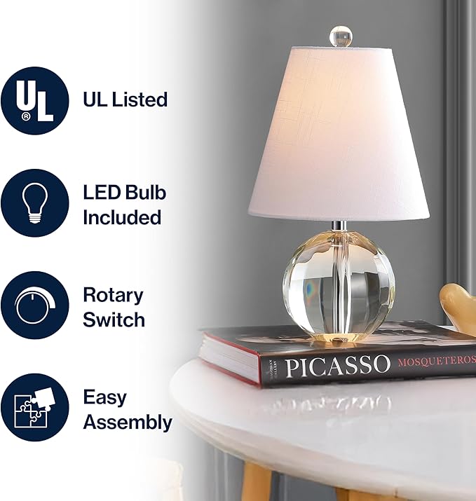 JONATHAN Y JYL2079A 16" Glam Crystal Ball Table Lamp, Modern Bedside Nightstand Lamp for Bedroom Living Room Office, Clear Glass Orb with White Linen Shade and Chrome Accents, LED Bulb Included